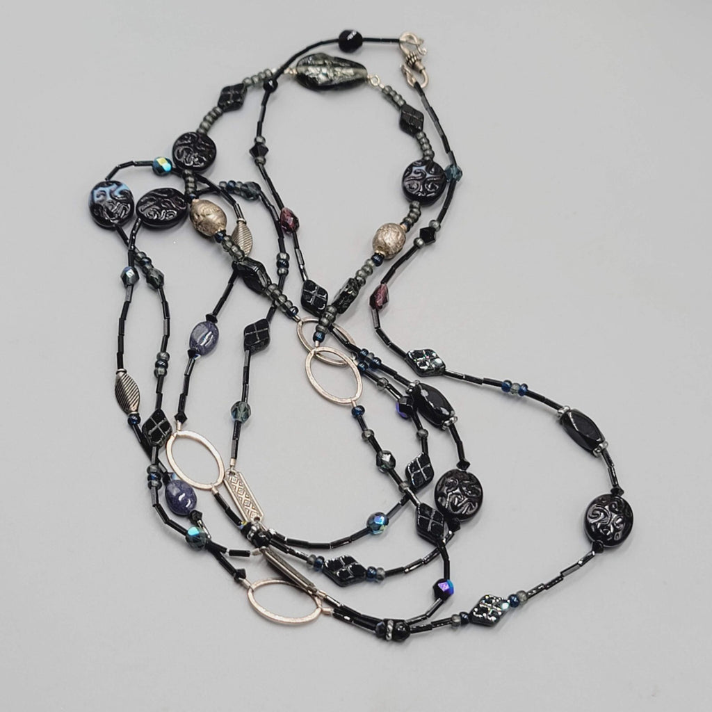 Black Glass Bead Necklace Silver tone LONG Hook Clasp 48"