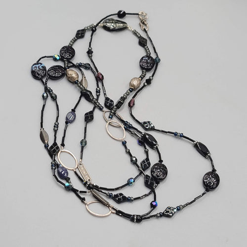 Black Glass Bead Necklace Silver tone LONG Hook Clasp 48"
