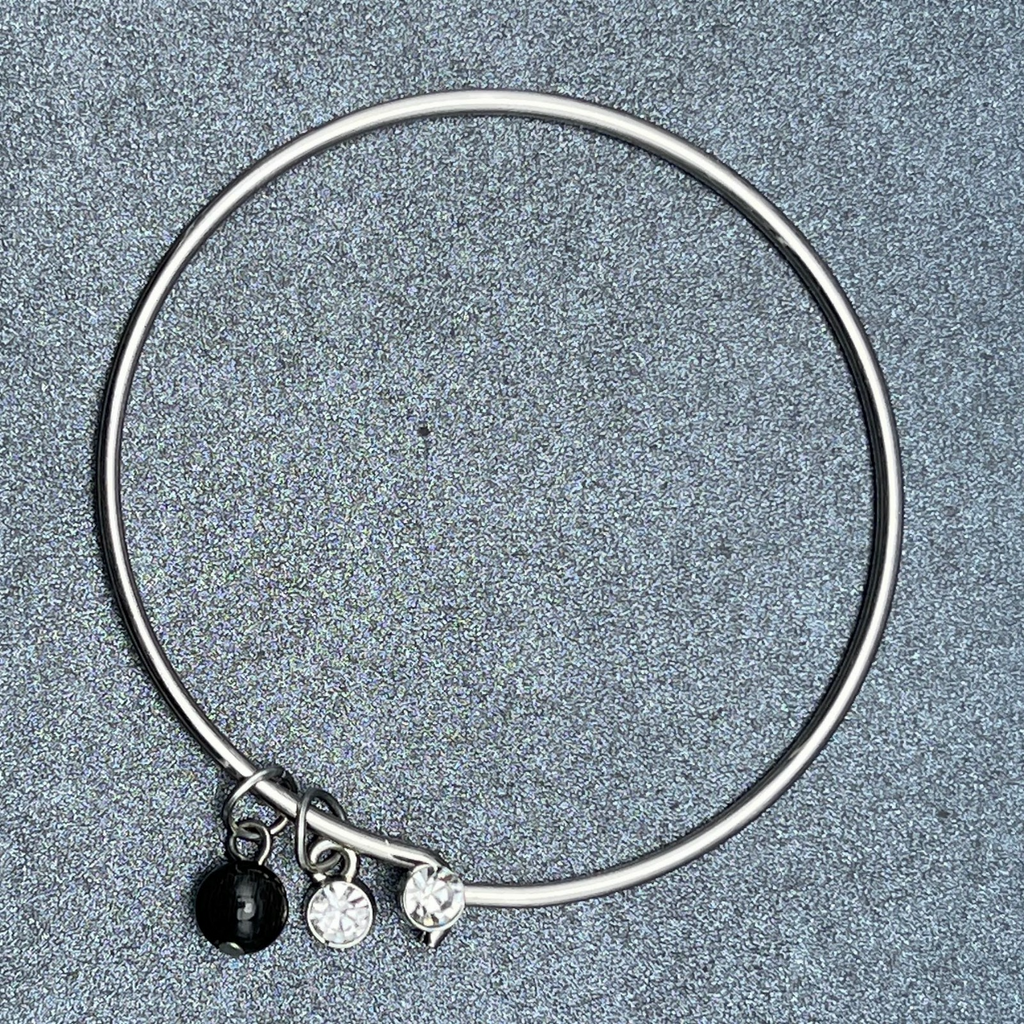 Silver tone Bangle Charm Bracelet Black Bead Charm Rhinestone 2 1/2"