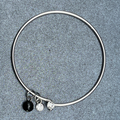 Silver tone Bangle Charm Bracelet Black Bead Charm Rhinestone 2 1/2"
