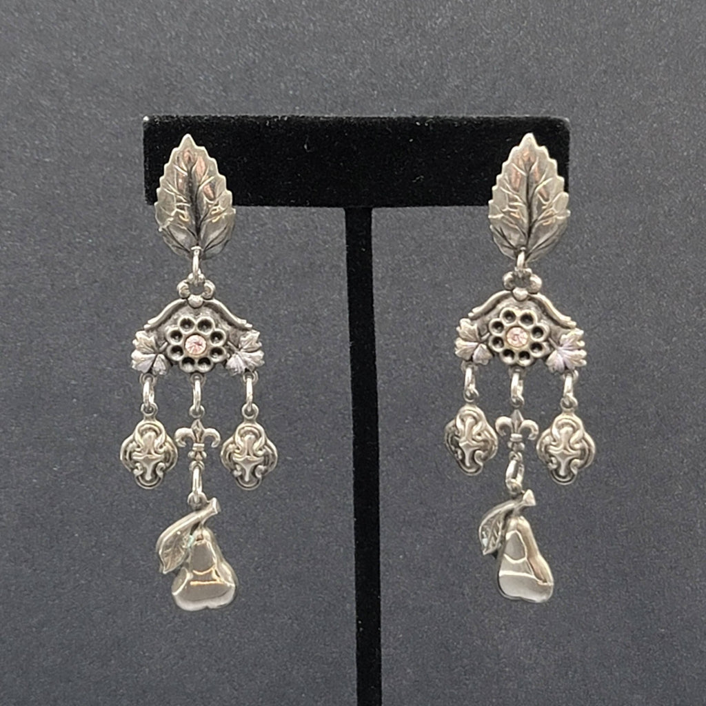Vintage Pierced Earrings Silver tone Fruit Flowers Leaves Rhinestone 3"