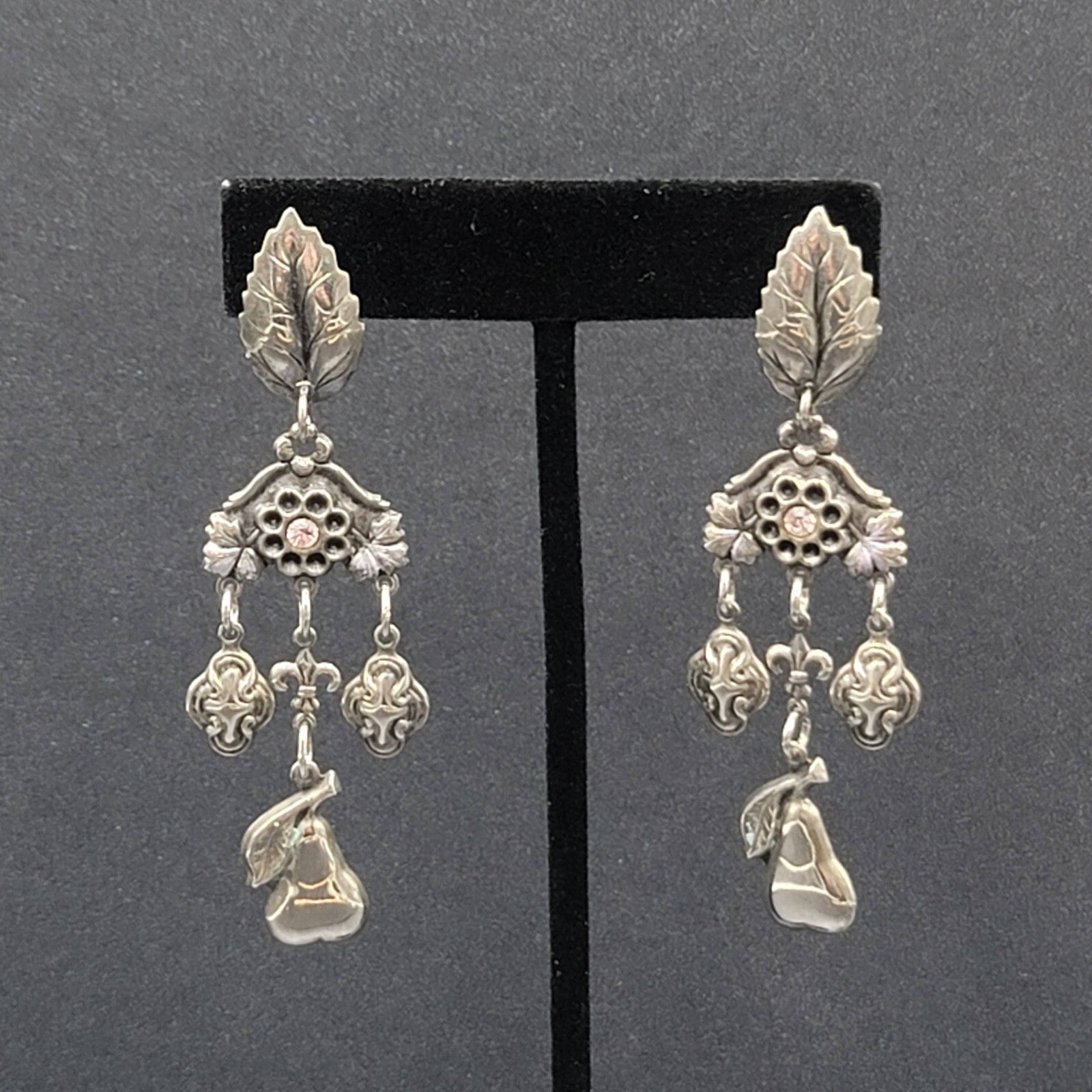 Vintage Pierced Earrings Silver tone Fruit Flowers Leaves Rhinestone 3"
