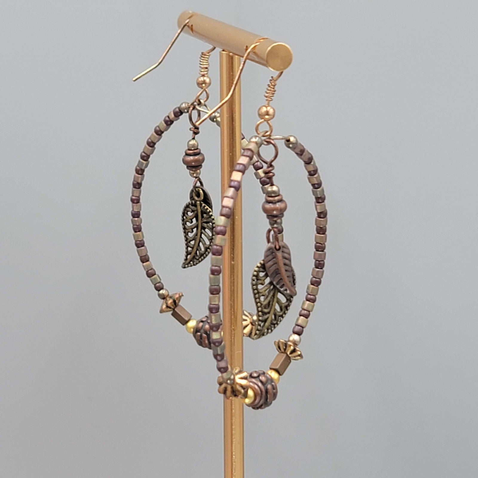Boho Beaded Hoops Pierced Earrings Copper toen Leaf Dangle 2"