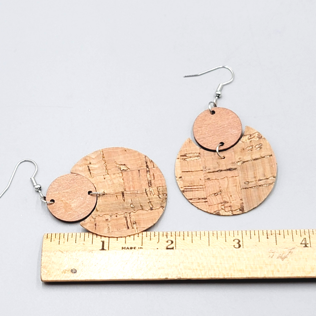Wood Cork Dangle Pierced Earrings Lightweight Boho Leaf Print Pattern 2"