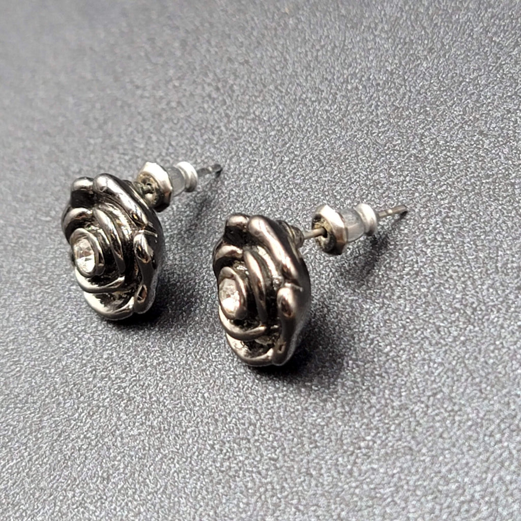 Pierced Earrings Black Metal Rose Flower Studs Crystal Center 1/2"