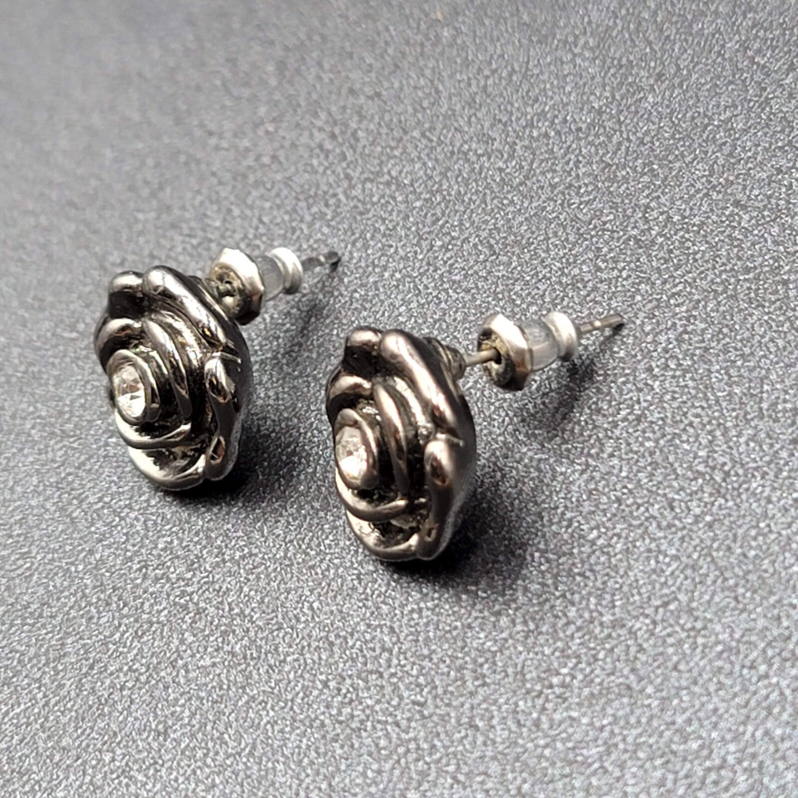 Pierced Earrings Black Metal Rose Flower Studs Crystal Center 1/2"