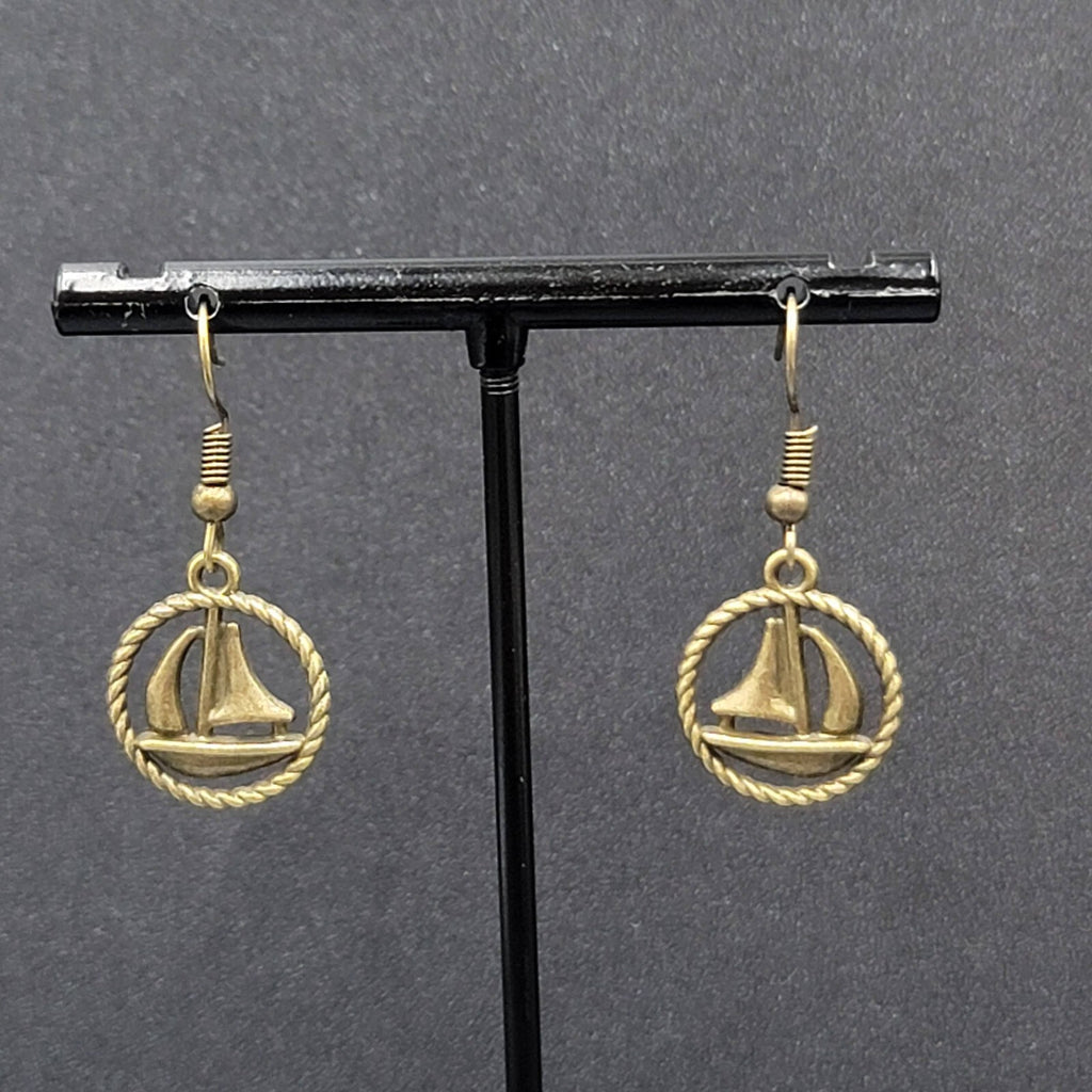 New Sailboat Pierced Earrings Bronze tone Ships Beach Sea Nautical Dangle 3/4"