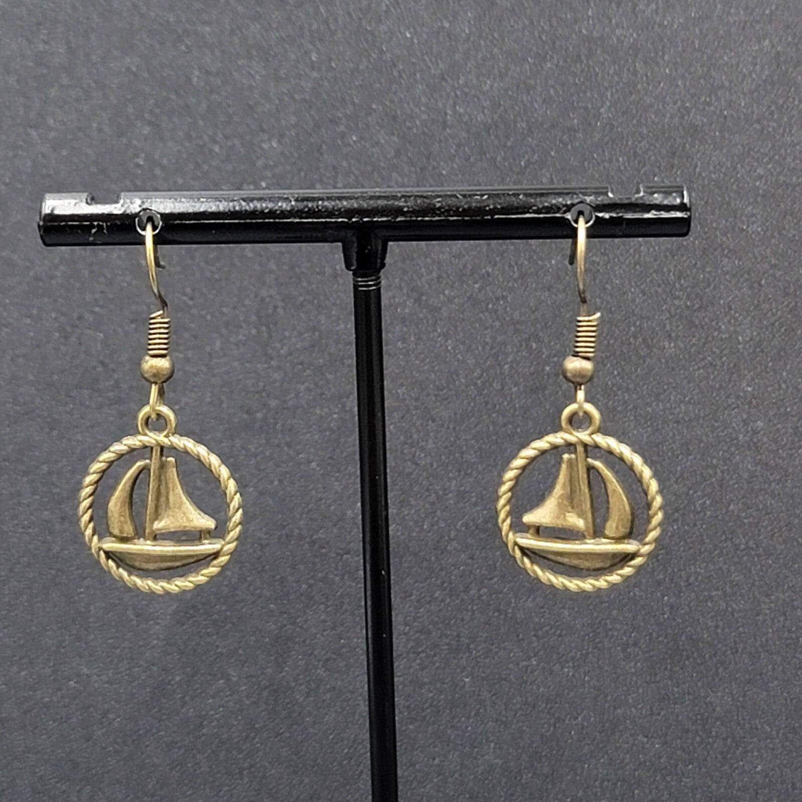 New Sailboat Pierced Earrings Bronze tone Ships Beach Sea Nautical Dangle 3/4"