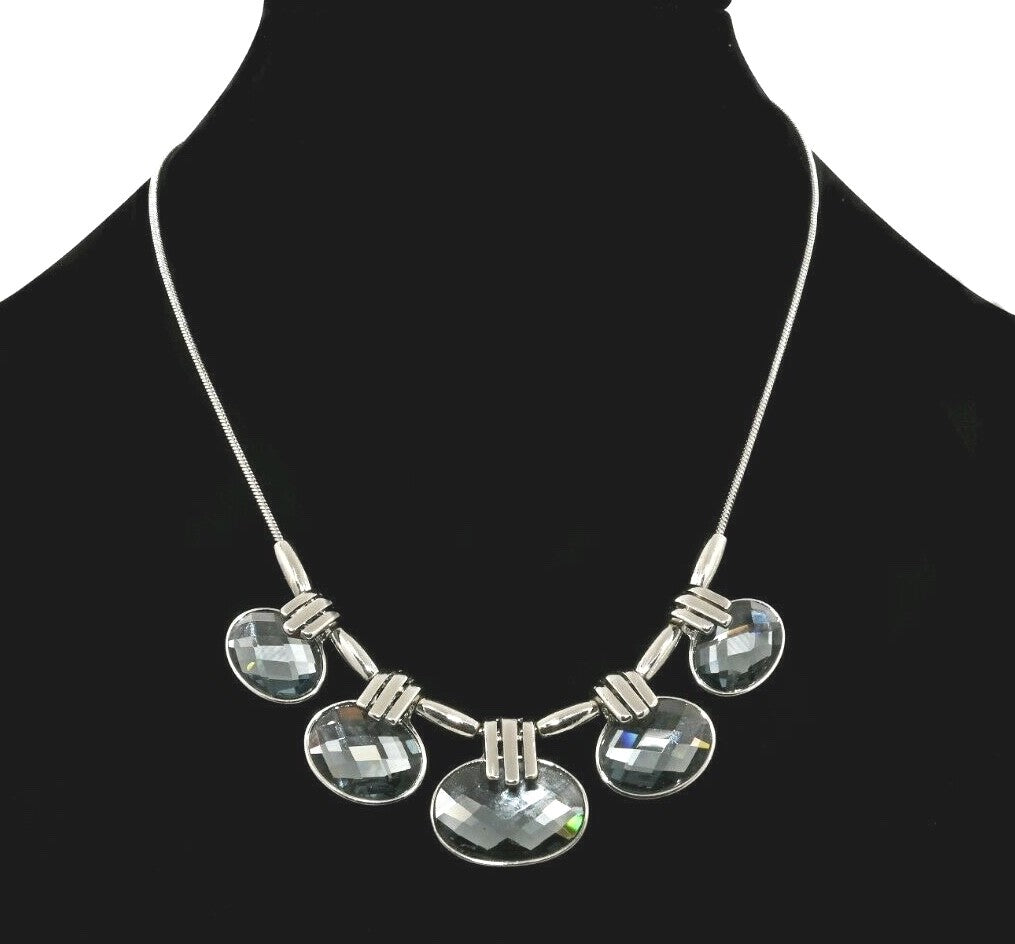 Faceted Glass Statement Necklace Pierced Earring Jewelry Set 19" - 22"