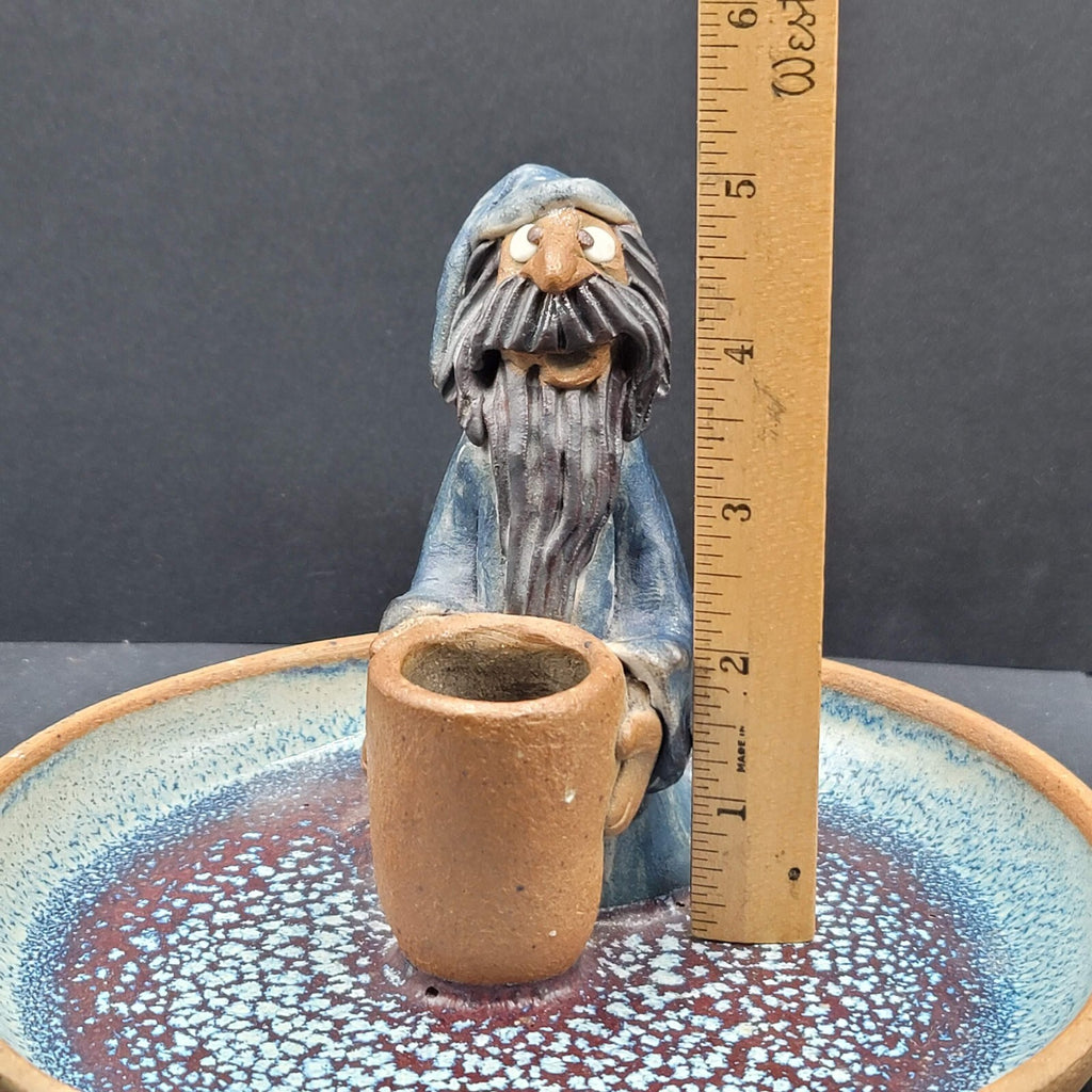 Vintage Folk Art Pottery Wizard Warlock Candle Holder Dish 7.5"