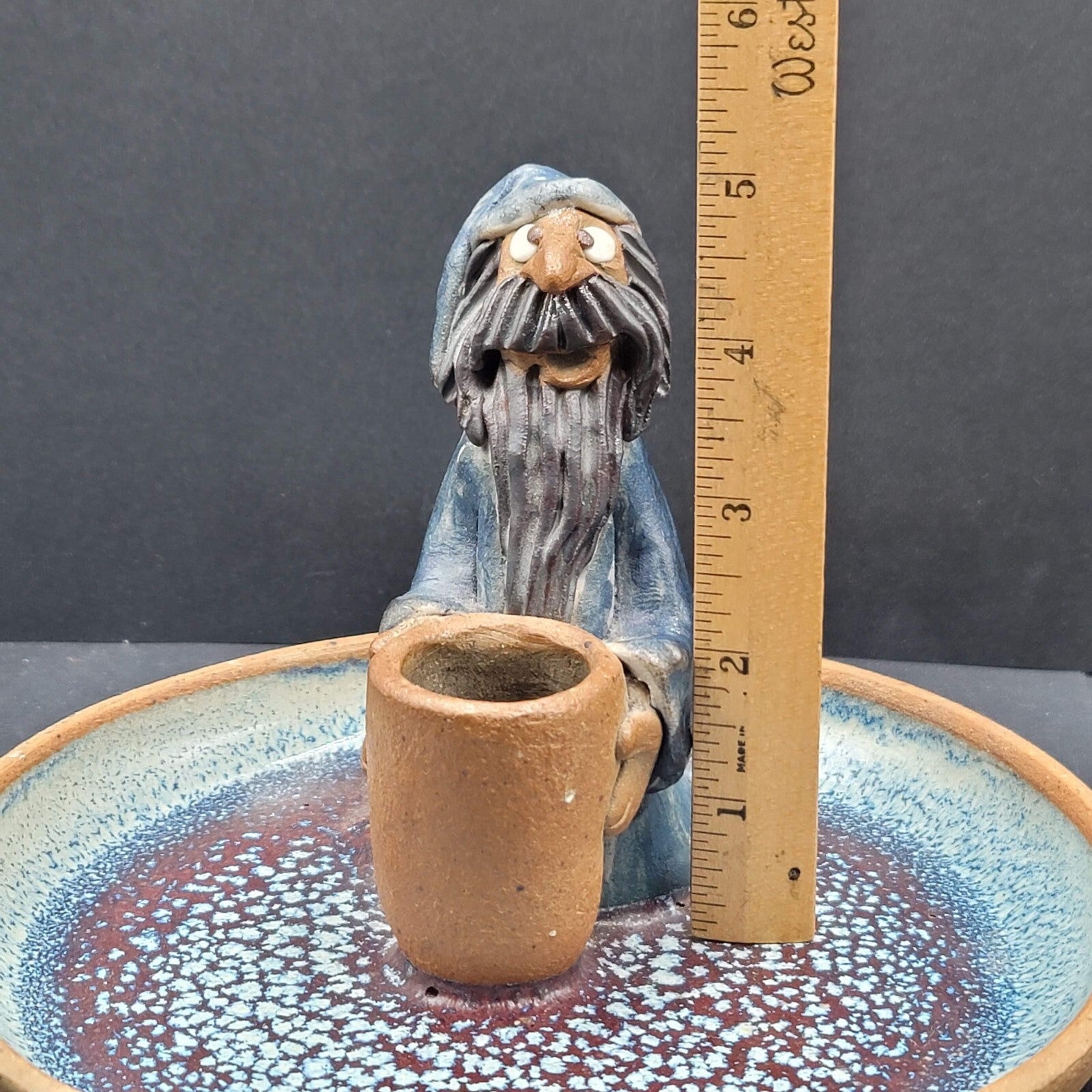 Vintage Folk Art Pottery Wizard Warlock Candle Holder Dish 7.5"