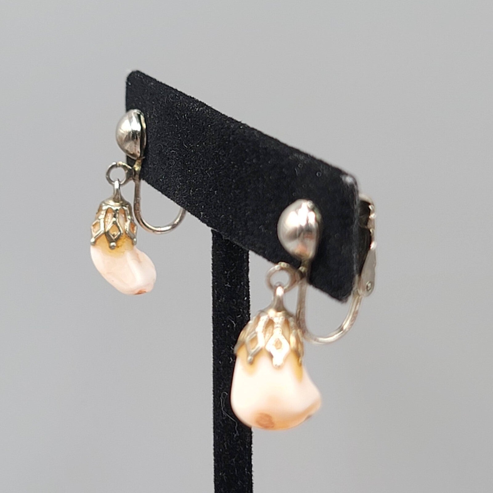 Vintage White Stone Nugget Dangle Clip on Earrings Silver tone 3/4"