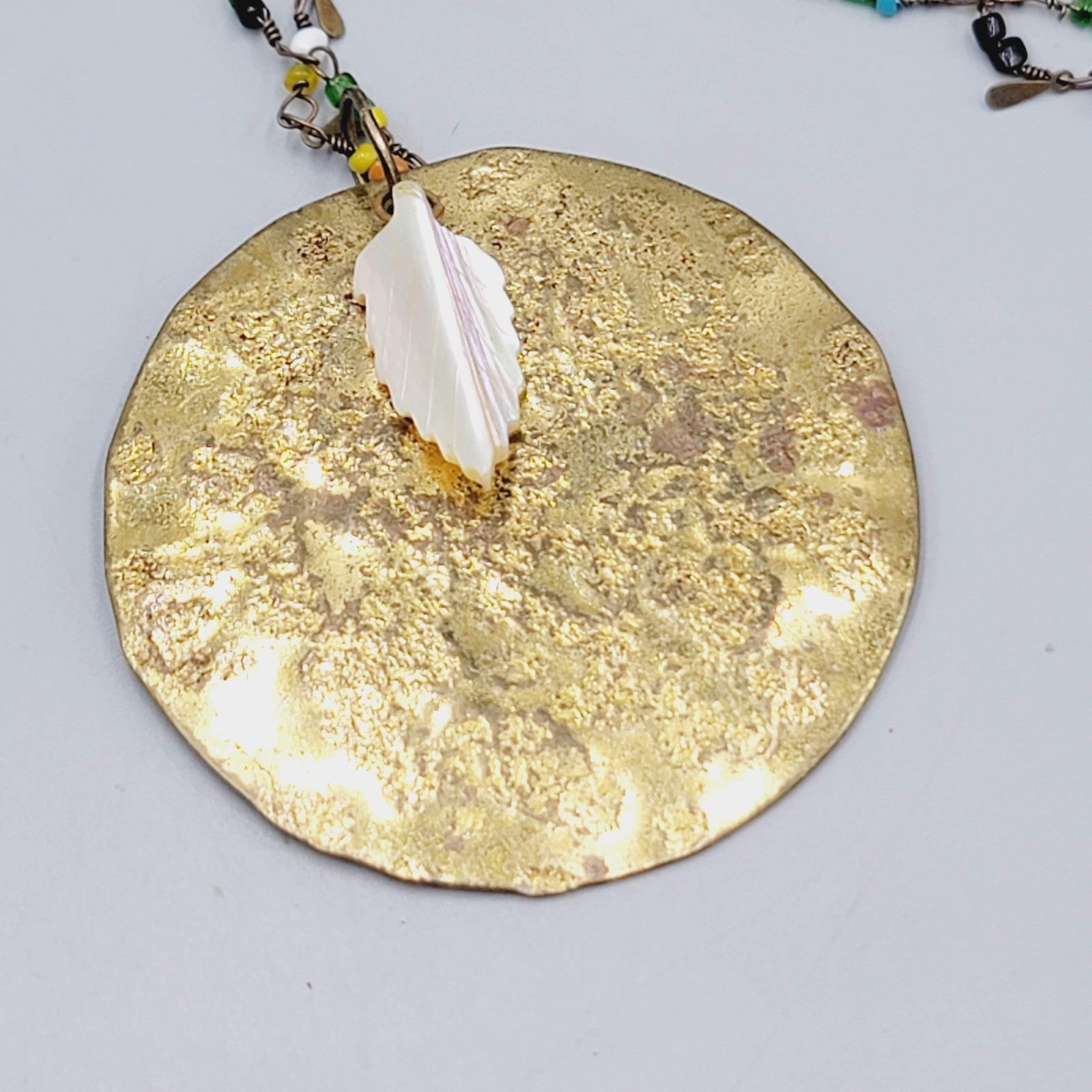 Artisan Multicolor Seed Beads Large Brass Pendant Necklace Long 42 in