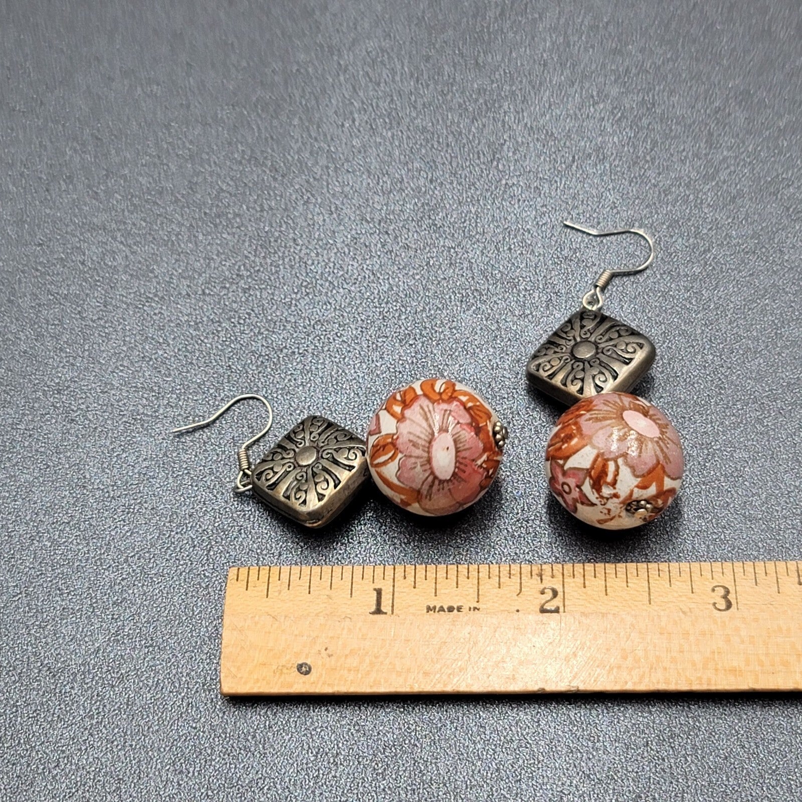 Pierced Earrings Silver tone Hand Painted Floral Pottery Bead  1.5"