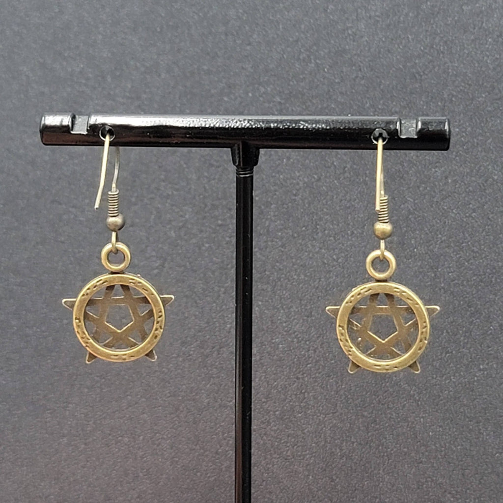 New Pentacle Pierced Earrings Star in Circle Bronze tone Dangle 3/4"