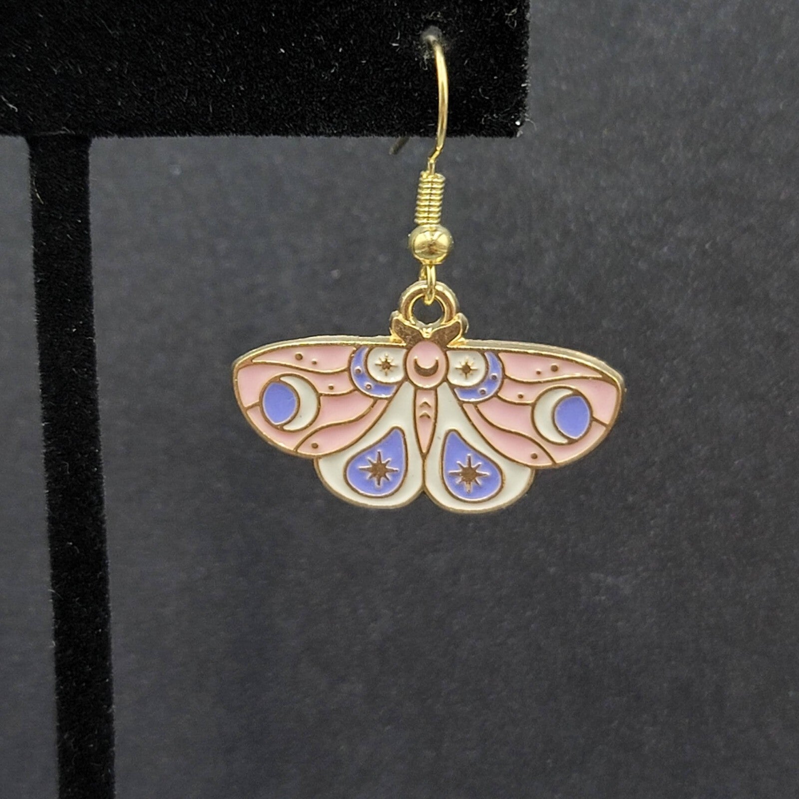 Moth Pierced Earrings Gold tone Pink Purple White Enamel Dangle 5/8"