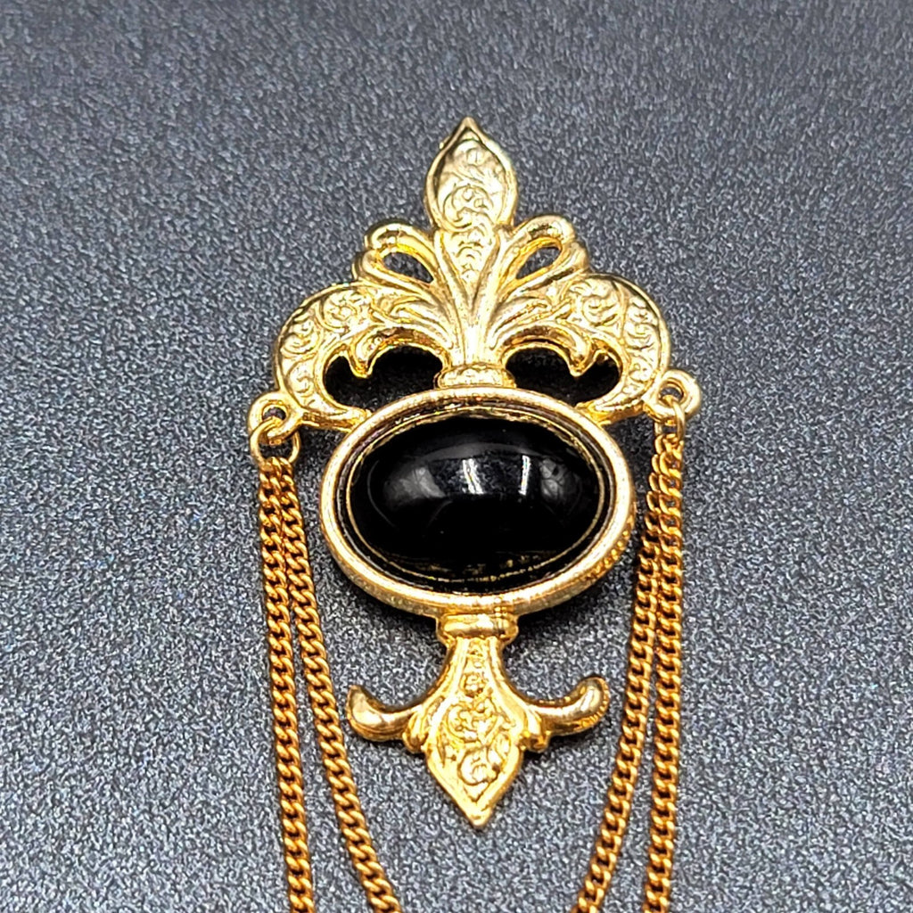 Vintage Bergere Black Cabochon and Gold Tone Brooch with Chain Swag Retro Estate