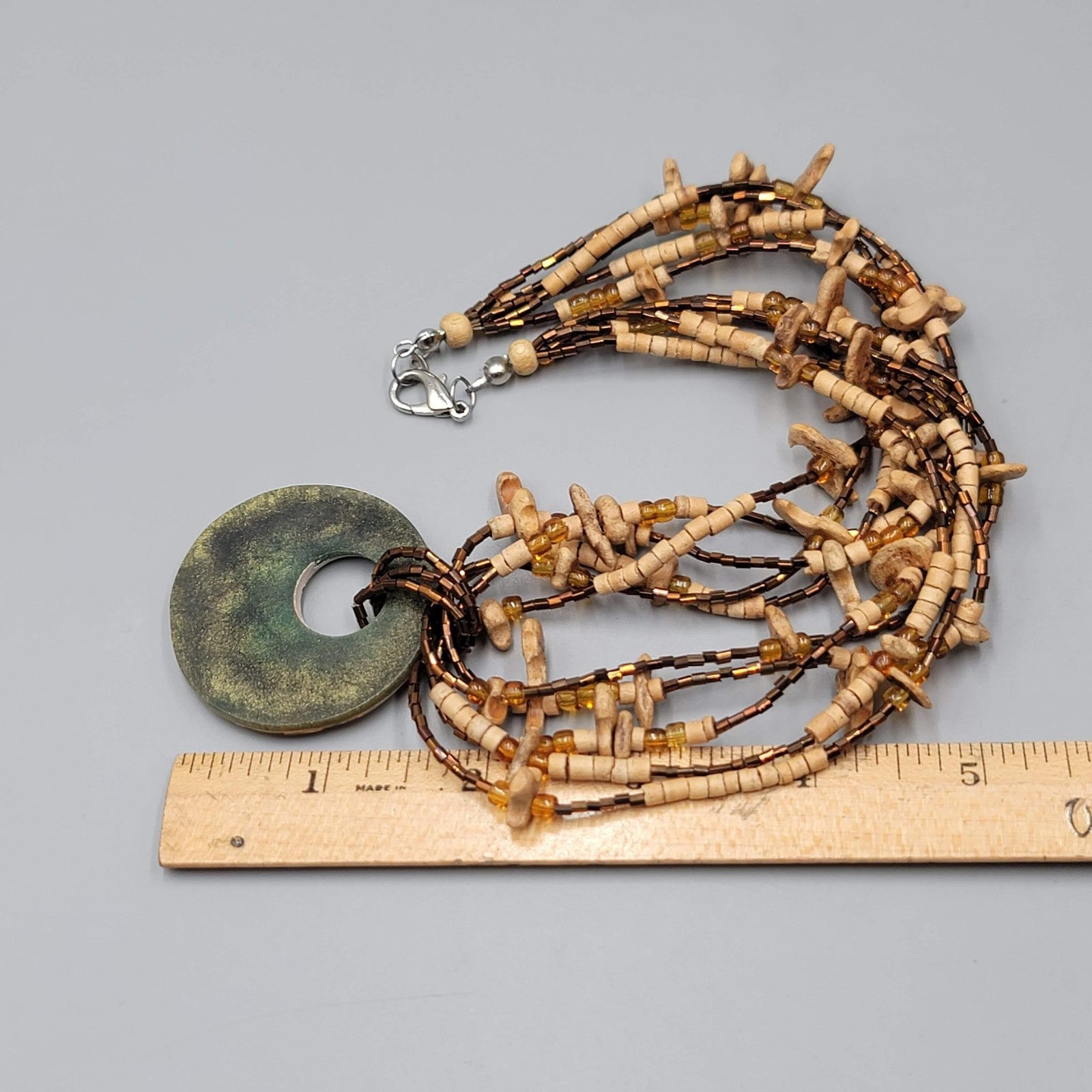 Natural Shell Pendant Multi Strand Necklace Mother of Pearl Wood Beads Boho 18"