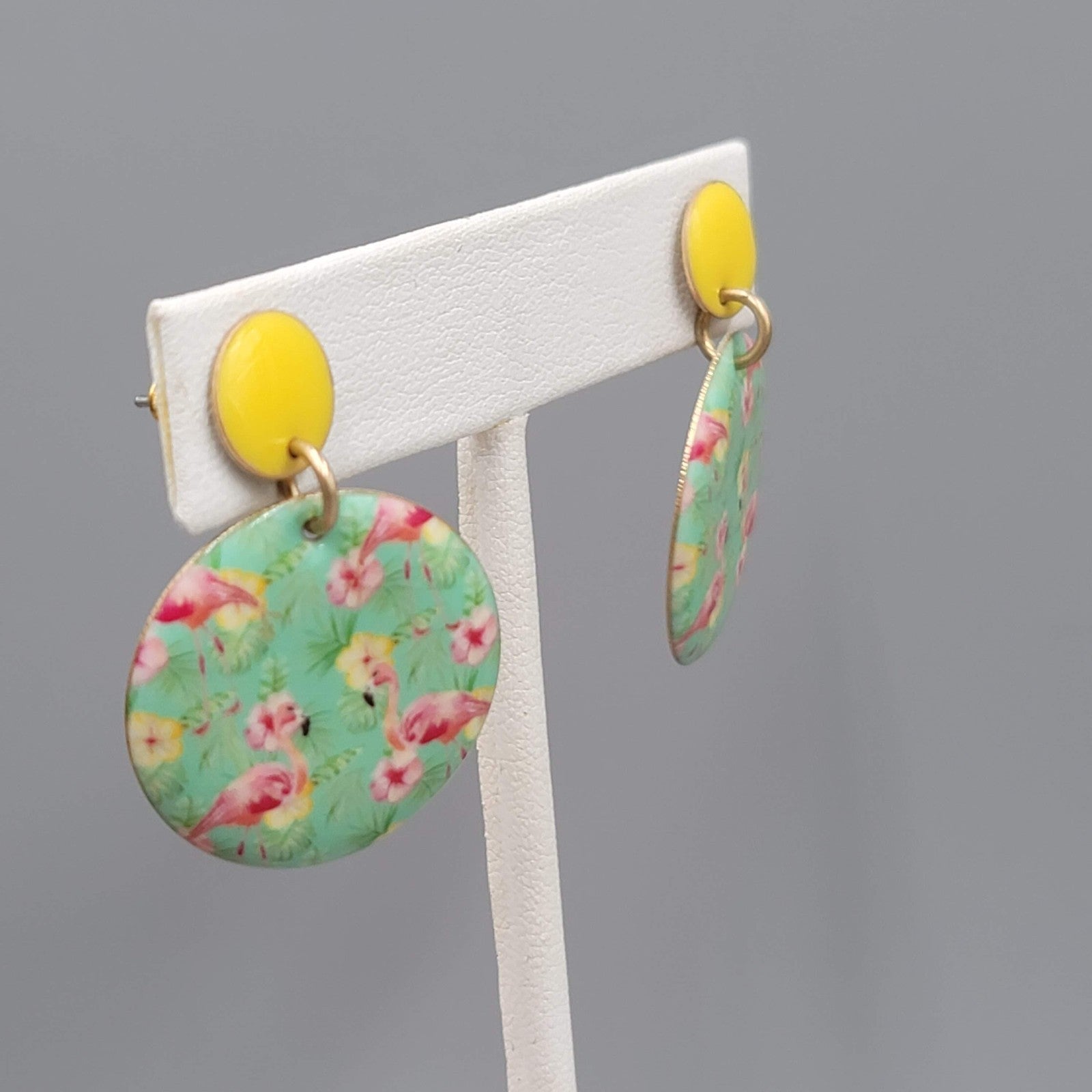 Pink Flamingo Pierced Earrings Yellow Enamel Round Dangle 1 3/8 in