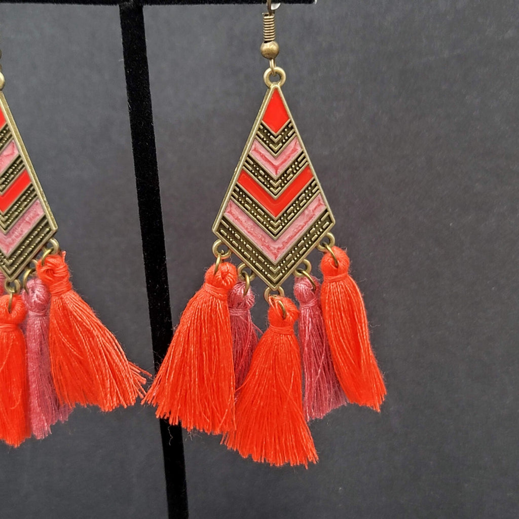 New Boho Pierced Earrings Antiqued Gold tone Enamel Orange Purple Tassel 3"
