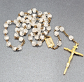 Vintage White Clear Glass Bead Catholic Rosary Crucifix Gold tone