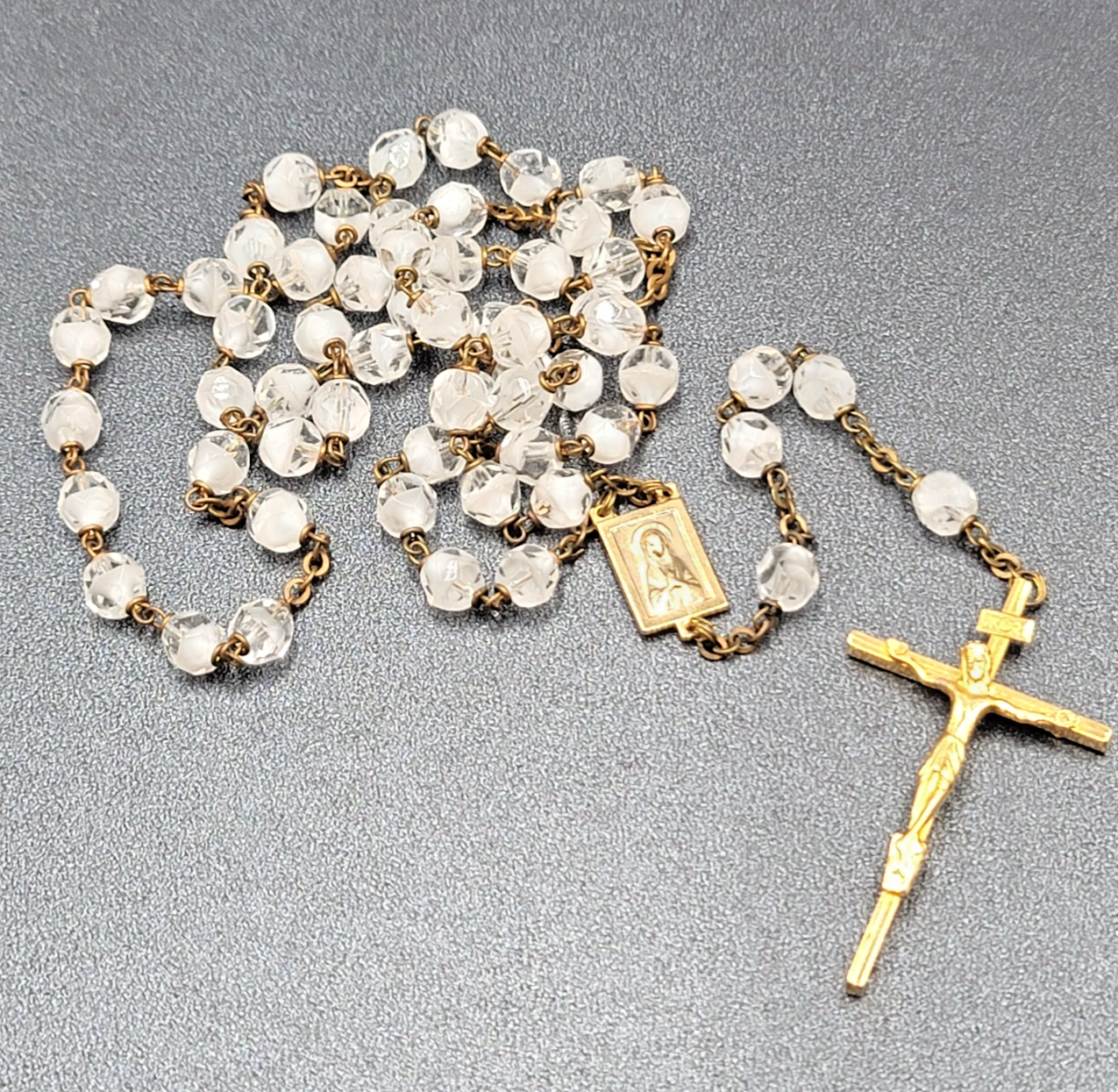 Vintage White Clear Glass Bead Catholic Rosary Crucifix Gold tone