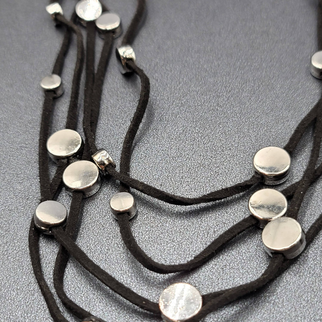 Black Cord Silver Disc Accents Necklace Layered 5 Multi Strand 18"-21"