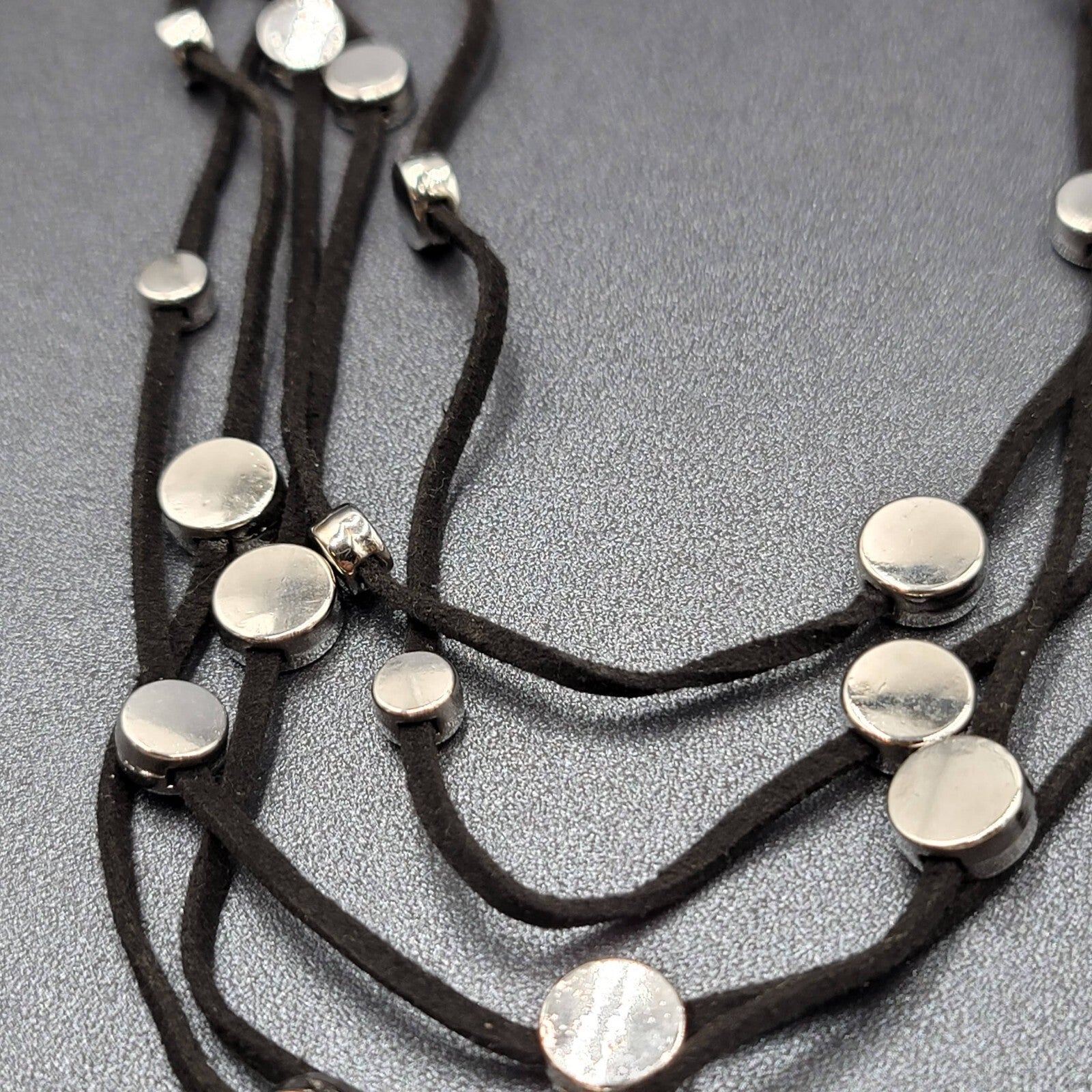 Black Cord Silver Disc Accents Necklace Layered 5 Multi Strand 18"-21"