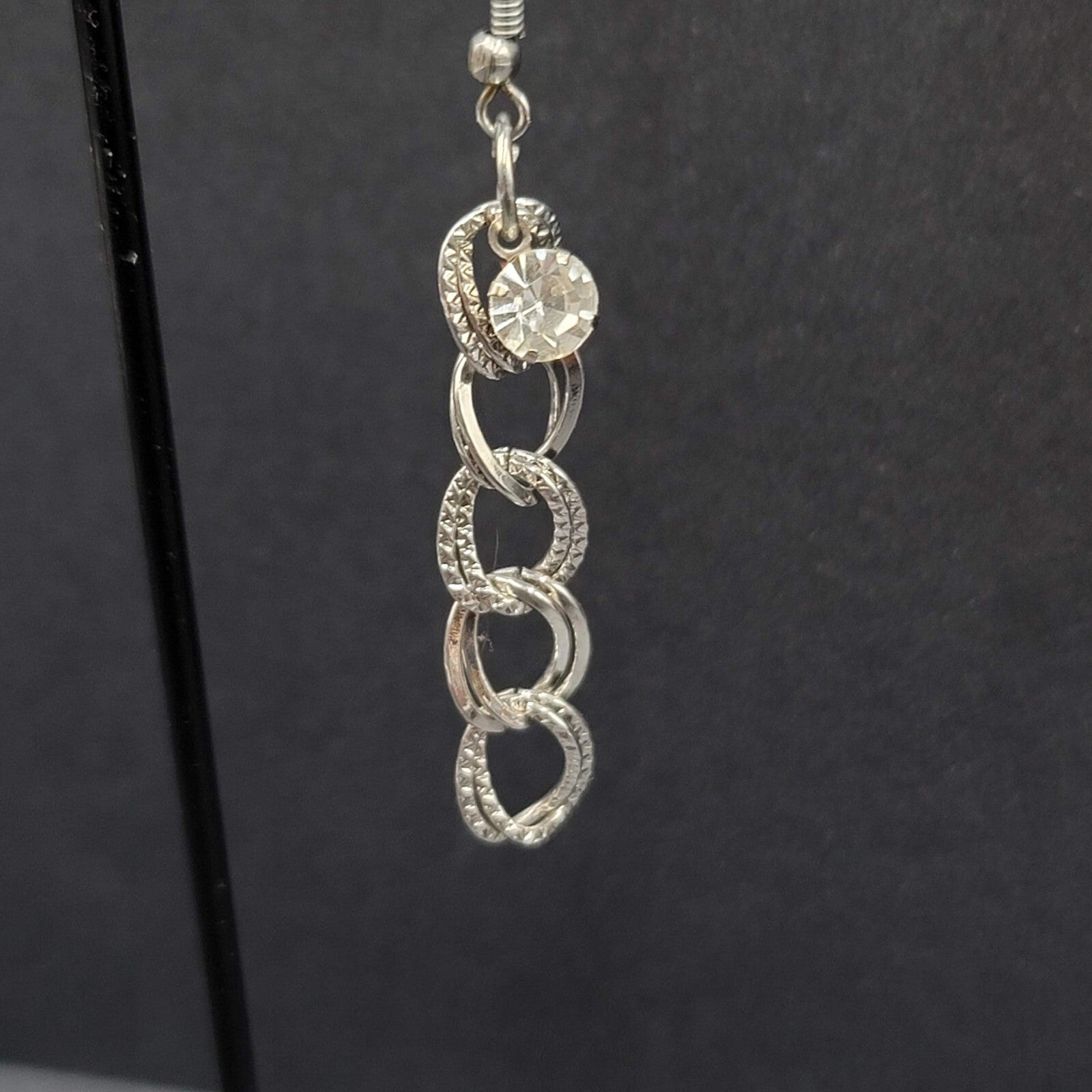Pierced Earrings Hammered Dangle Chains Rhinestone 1.75"