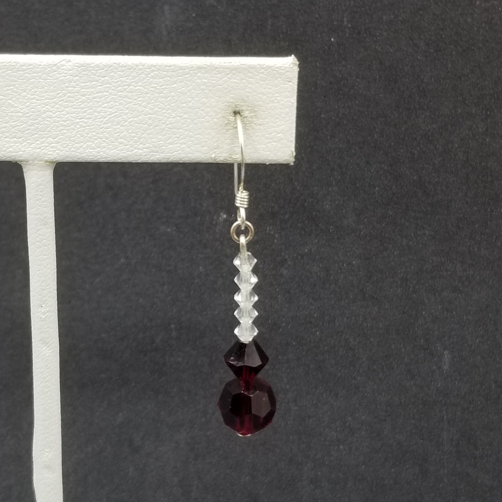 Pierced Earrings Silver tone Red Crystal Faceted Bead Dangle 1"