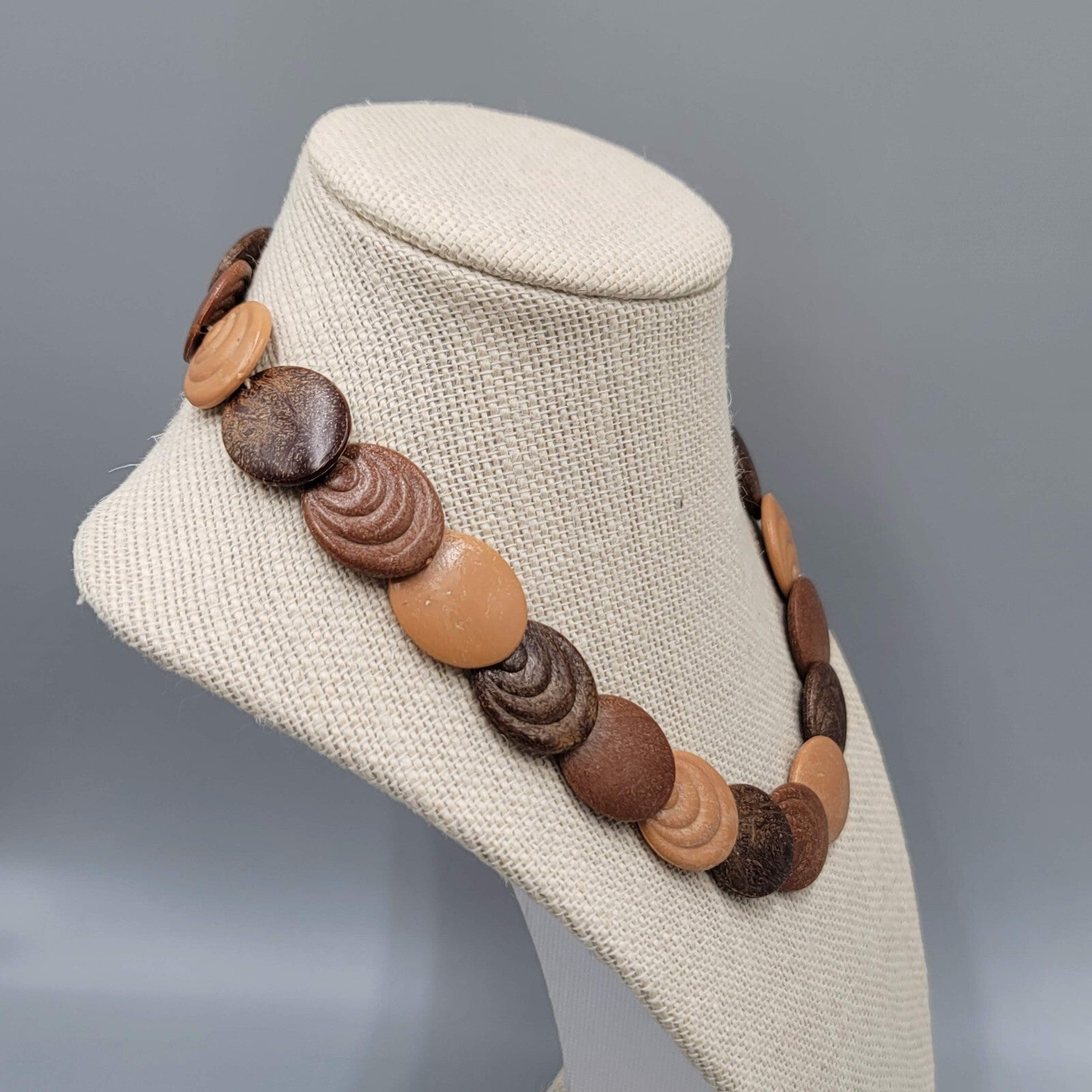 Vintage Necklace Brown Disc Bead Choker 1980s 16"