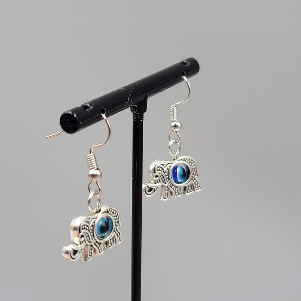 Elephant Evil Eye Pierced Earrings Silver tone Blue Bead Dangle 5/8"