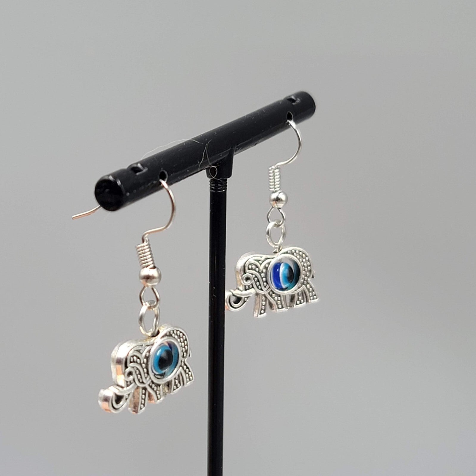 Elephant Evil Eye Pierced Earrings Silver tone Blue Bead Dangle 5/8"