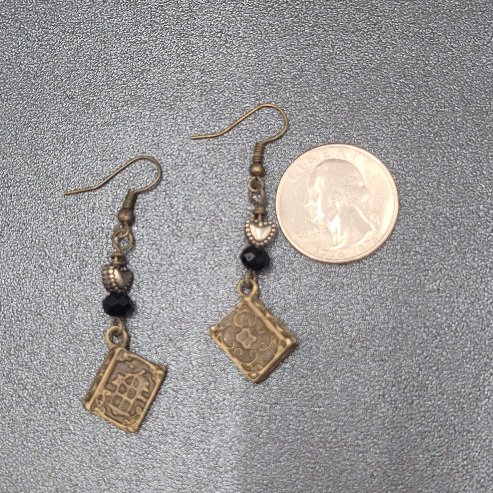 Pierced Earrings Bronze tone Heart Beaded Book Charm Dangle 1 5/8"