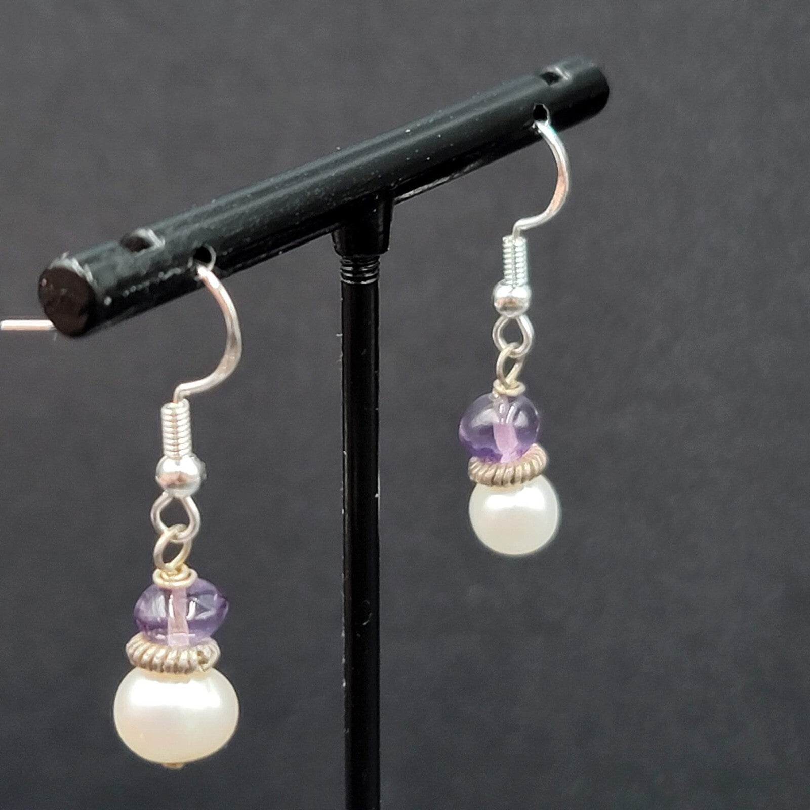 Sterling Silver Pierced Earrings Pearl Amethyst Bead Dangle 5/8"
