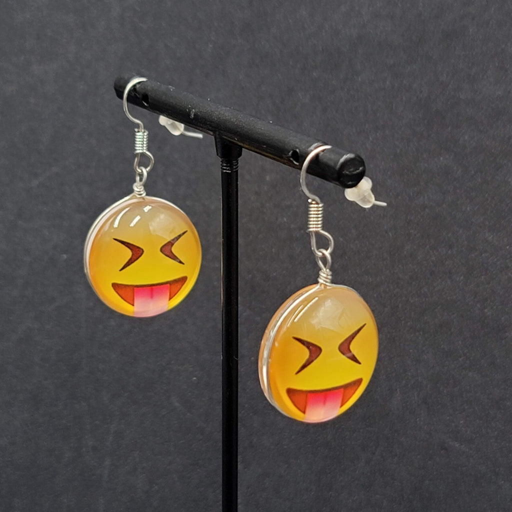 Pierced Earrings Glass Yellow Laughing Emoji Dangle 1"
