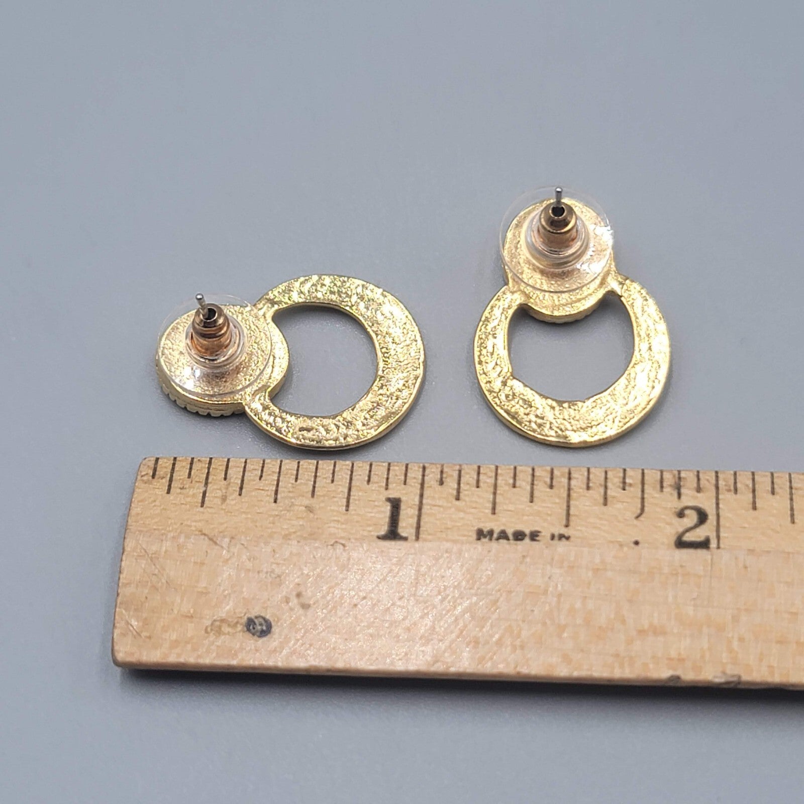 Gold tone Dark Gray Enamel Pierced Earrings Drop 1"