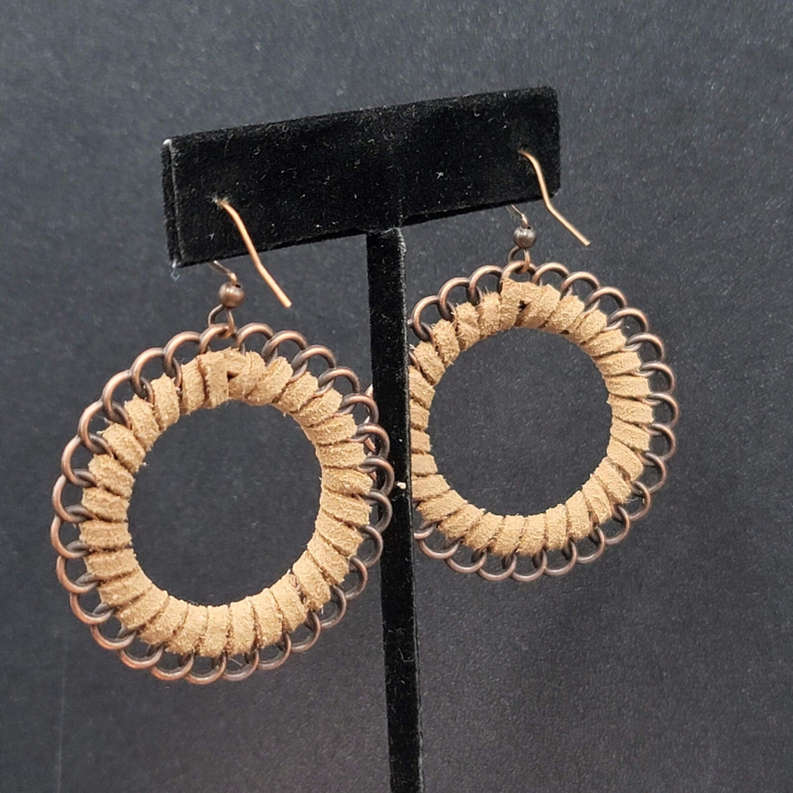 New Boho Pierced Earrings Copper tone Faux Leather Laced Hoops 1.75"