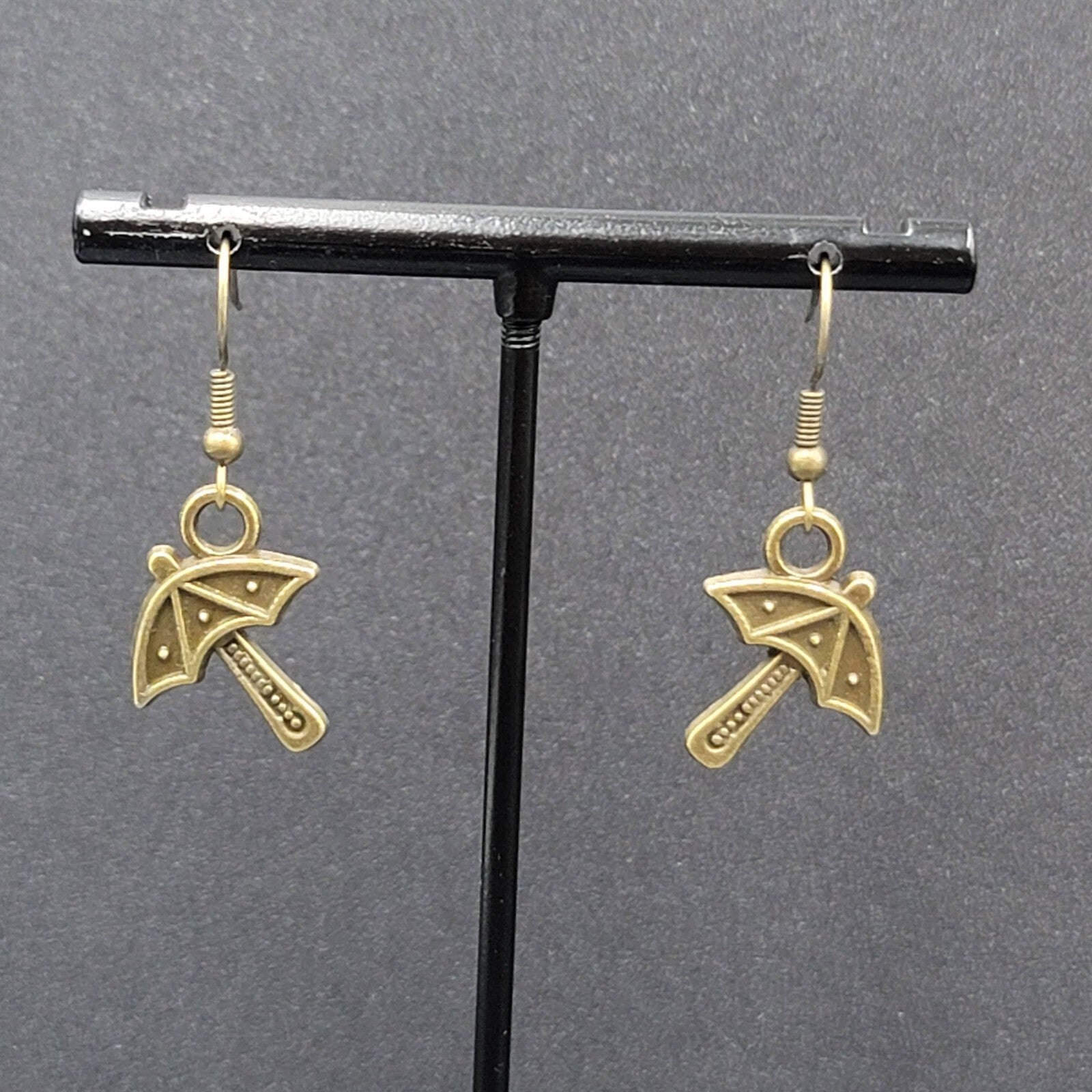 New Umbrella Pierced Earrings Embossed Bronze tone Dangle 3/4"