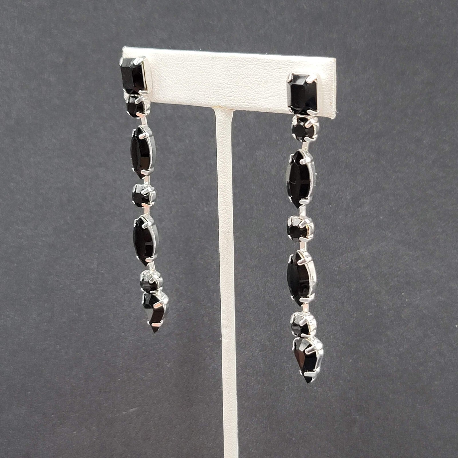 Pierced Earrings Silver tone Acrylic Black Prong Set Dangle 3"