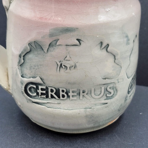 Cerberus Dog Handmade Pottery Coffee Mug Mythical Beast Red Gray Blue