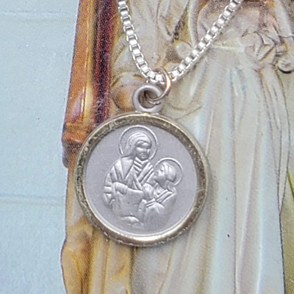 Saint Ann St Anne Medal Necklace with Prayer Card Catholic Silver Tone Shrine