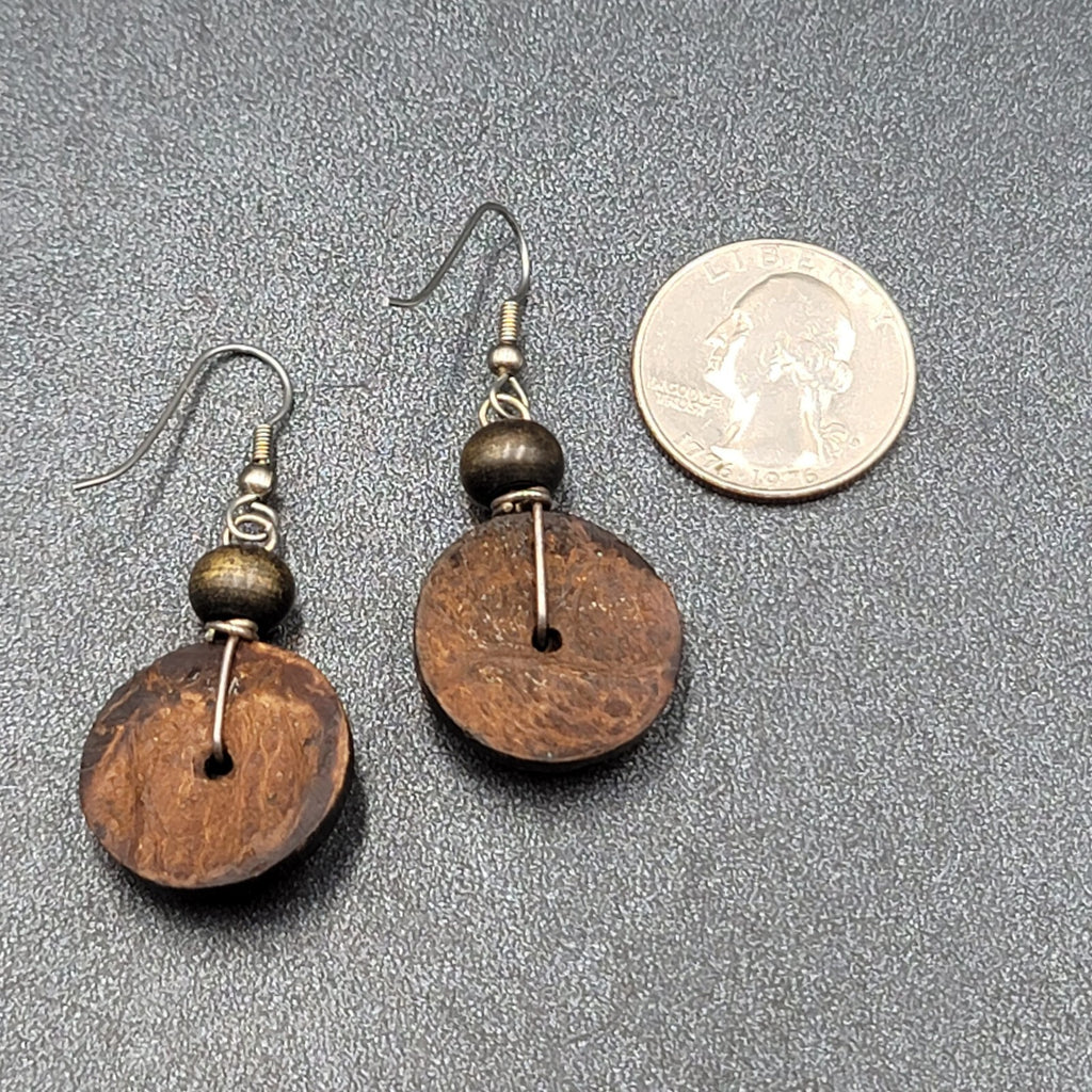 Pierced Earrings Silver tone Coconut Layered Disc Beads Dangle 1.25"