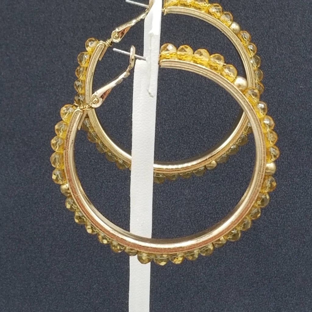 Pierced Earrings Gold tone Faceted Beaded Hoops 2"