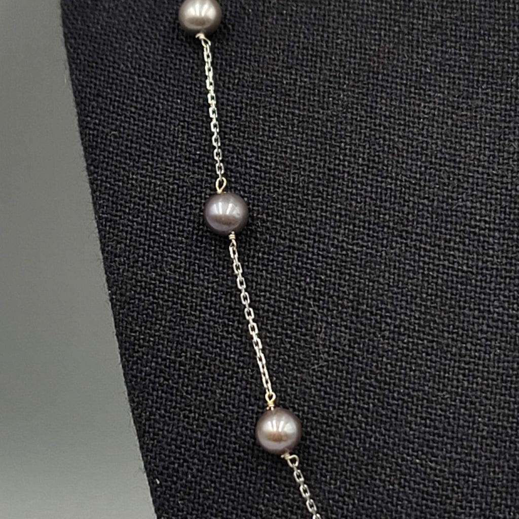 14K White Gold 5mm Tahitian Peacock Pearl Station Chain Necklace 17" long
