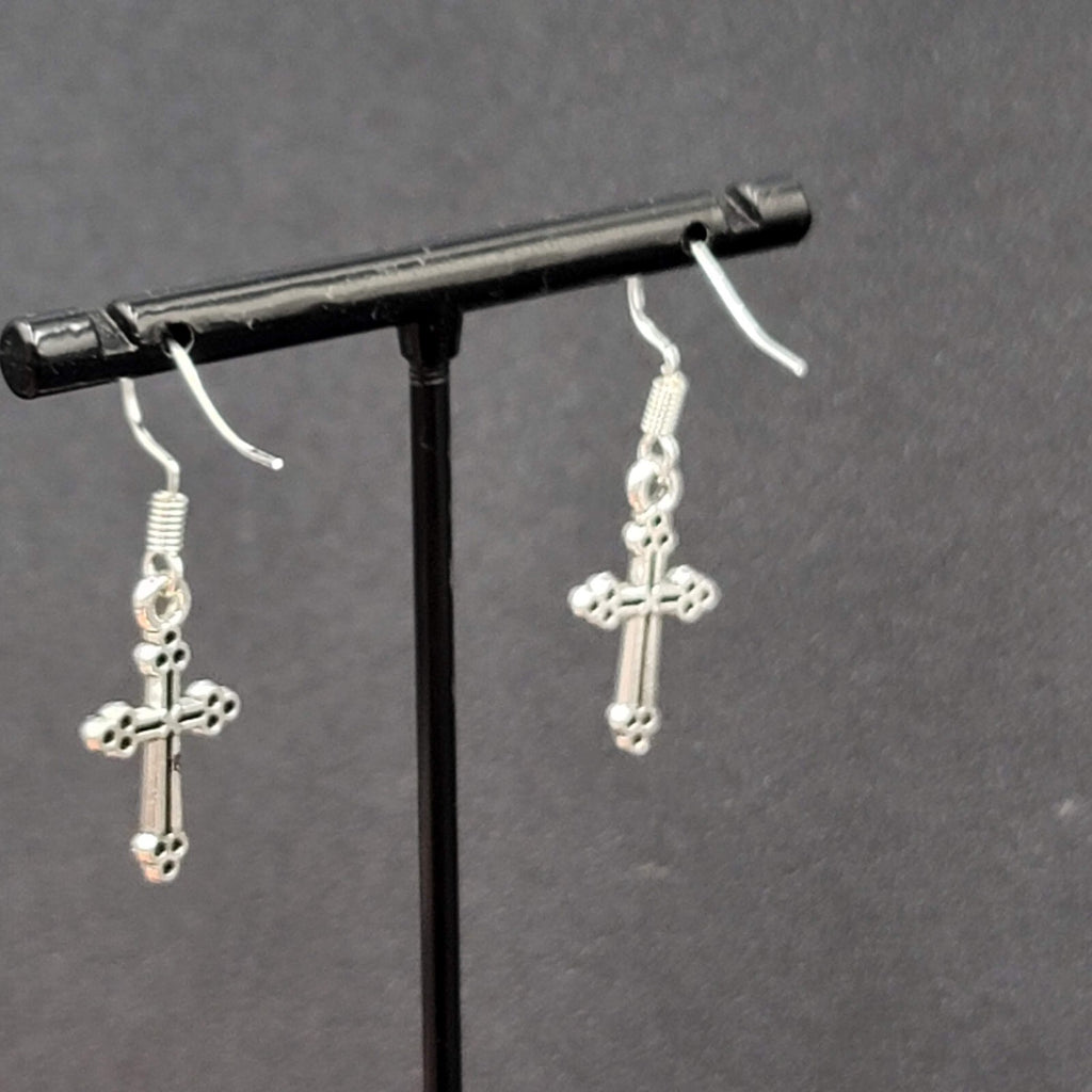 Pierced Earrings Cross Silver tone Dangle 7/8"