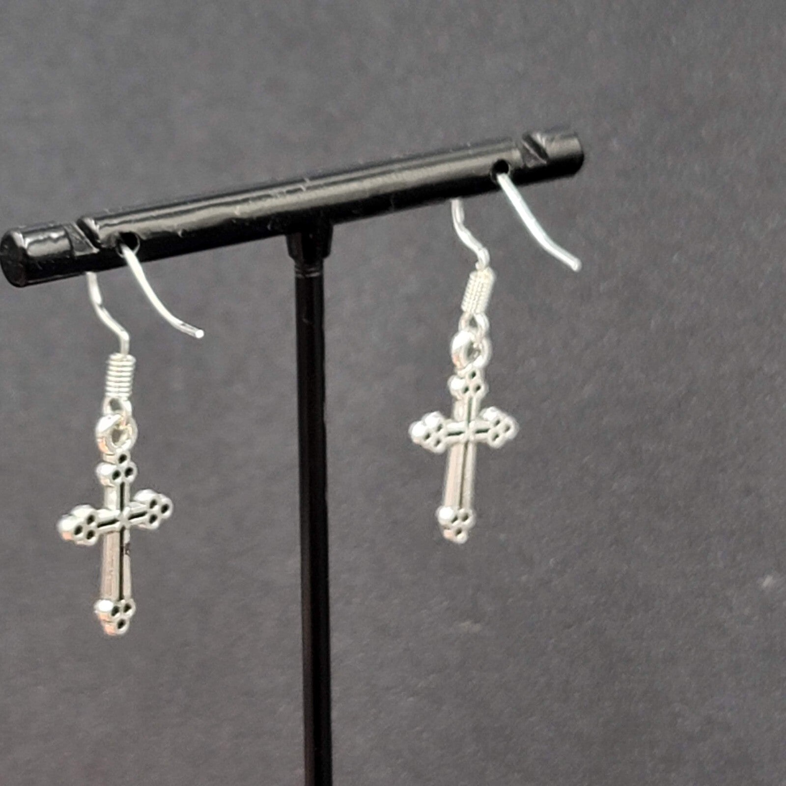 Pierced Earrings Cross Silver tone Dangle 7/8"