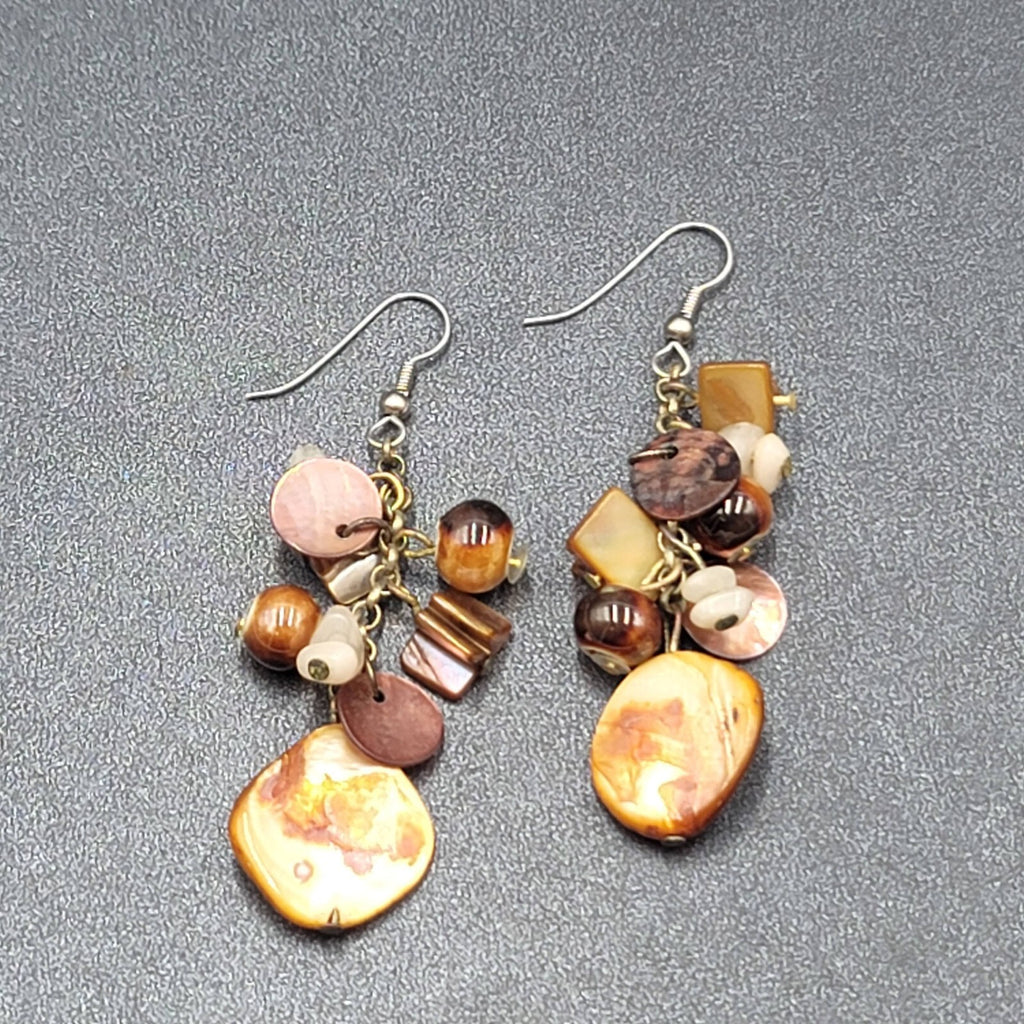 Pierced Earrings Brown Earth Tones Cluster Bead Shells 2.25"