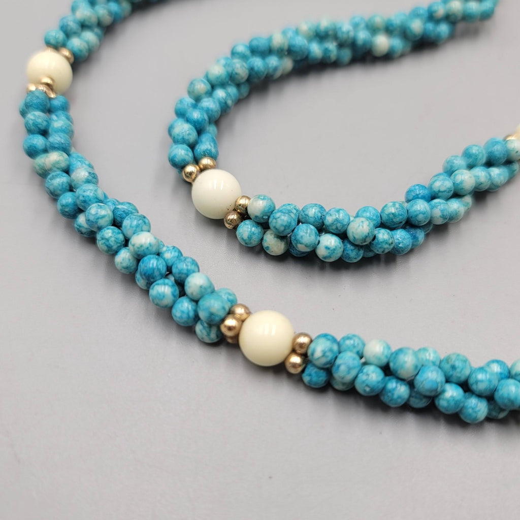 Vintage Blue Stone Twist Bead Necklace Gold tone 20"