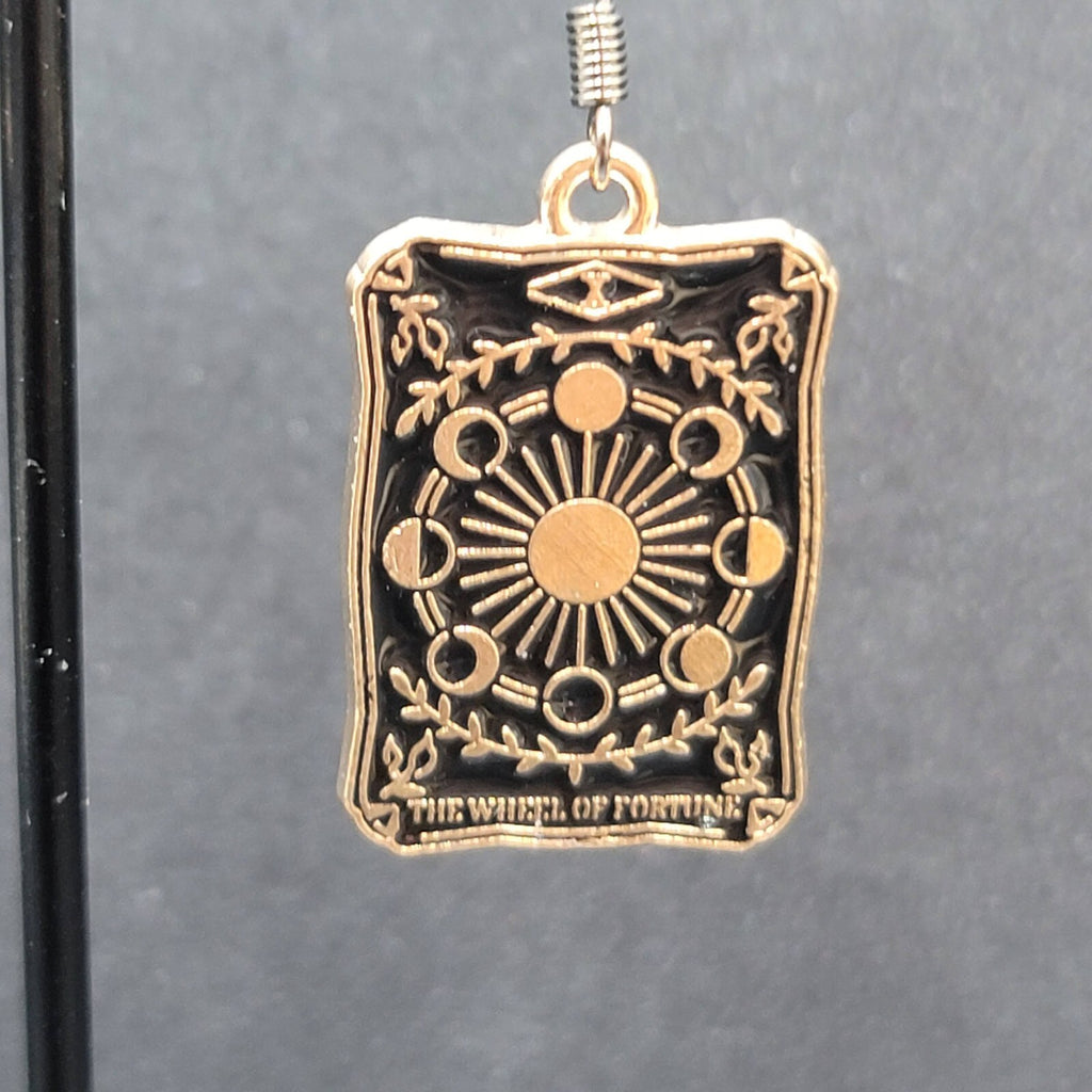 Tarot Card Pierced Earrings The Wheel of Fortune Gold tone Black 1"